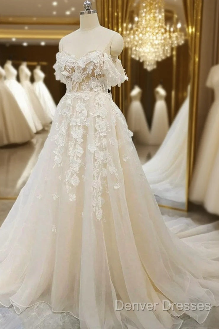 Off Shoulder Light Champagne Tulle Lace Long Prom Dress, Light Champagne Lace Formal Evening Dress A1583 Main image