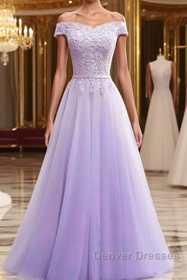 Off Shoulder Light Purple Lace Long Prom Dress, Off the Shoulder Lilac Lace Formal Dress, Purple Evening Dress