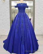 Off Shoulder Long Satin Evening Dresses Lace Embroidery