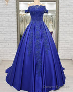Off Shoulder Long Satin Evening Dresses Lace Embroidery