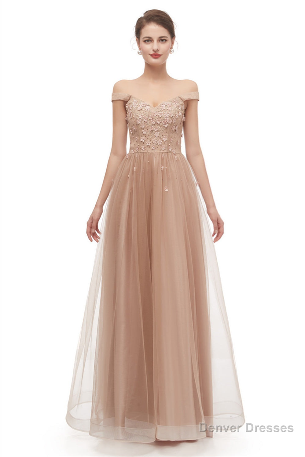 Off-Shoulder Pearls Applique A-Line Tulle Prom Dresses Main image