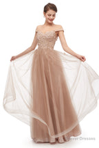 Off-Shoulder Pearls Applique A-Line Tulle Prom Dresses