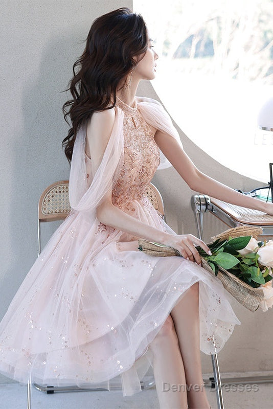 Off Shoulder Pink High Low Tulle With Beaded Homecoming Dress, Pink High Low Prom Dress Graduation Dress