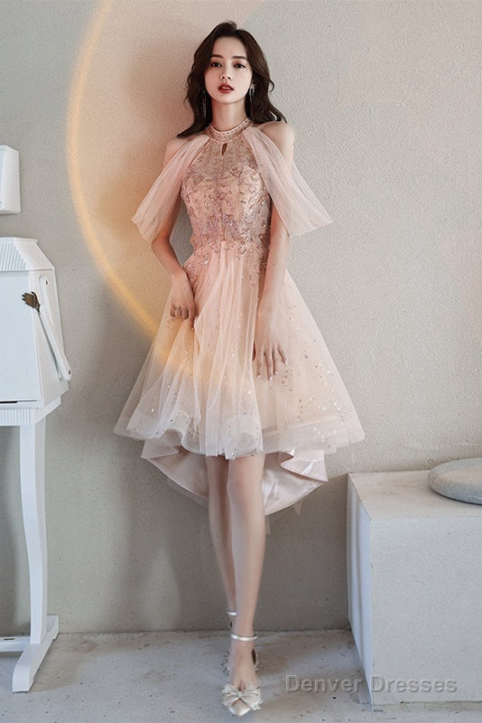Off Shoulder Pink High Low Tulle With Beaded Homecoming Dress, Pink High Low Prom Dress Graduation Dress