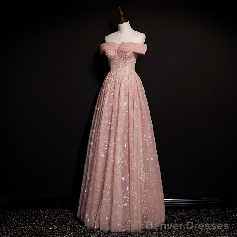 Off Shoulder Pink Tulle Long A-line Prom Dress with Beadings, Pink Long Party Dress Evening Dress Main image