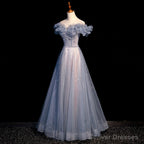 Off Shoulder Puffy Sleeves Beaded Party Dress Prom Dress, Blue Evening Gown