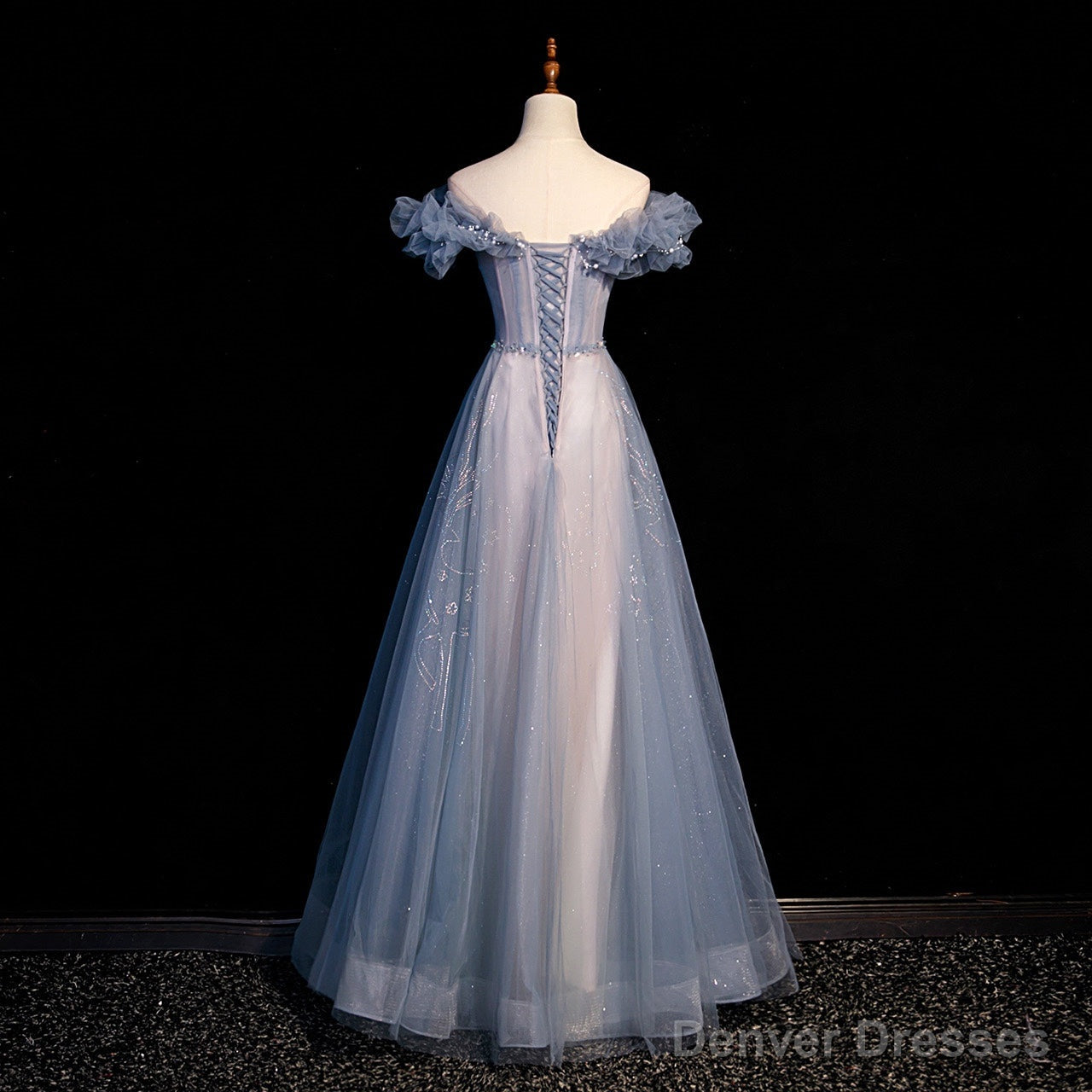 Off Shoulder Puffy Sleeves Beaded Party Dress Prom Dress, Blue Evening Gown Main image