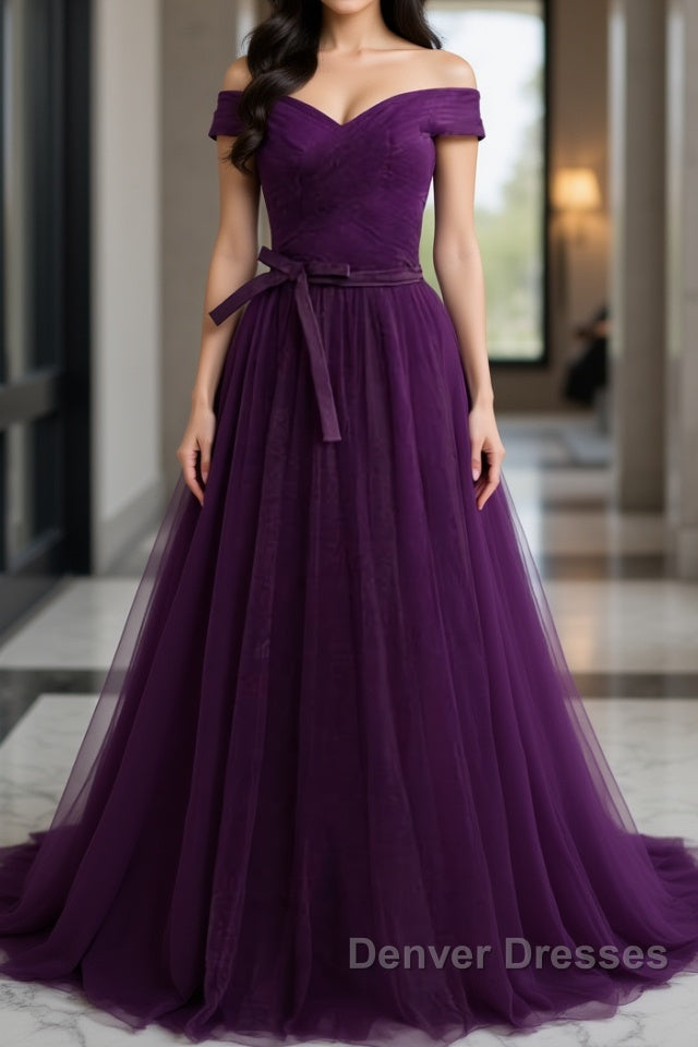 Off Shoulder Purple Tulle Long Prom Dress, Off the Shoulder Purple Formal Dress, Purple Evening Dress Main image