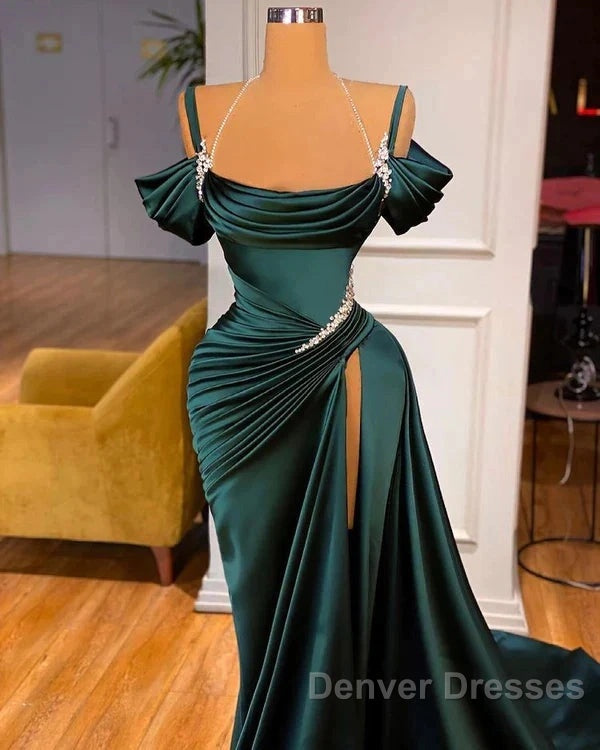 Off Shoulder Satin Green Slit Beading Mermaid Prom Dress