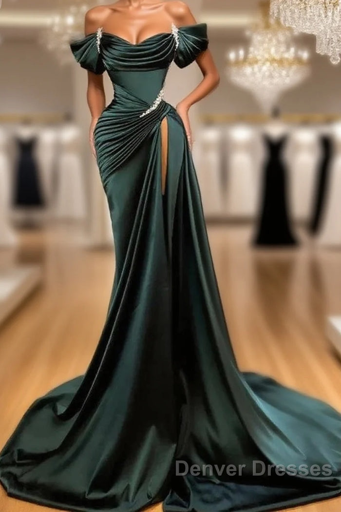 Off Shoulder Satin Green Slit Beading Mermaid Prom Dress Main image
