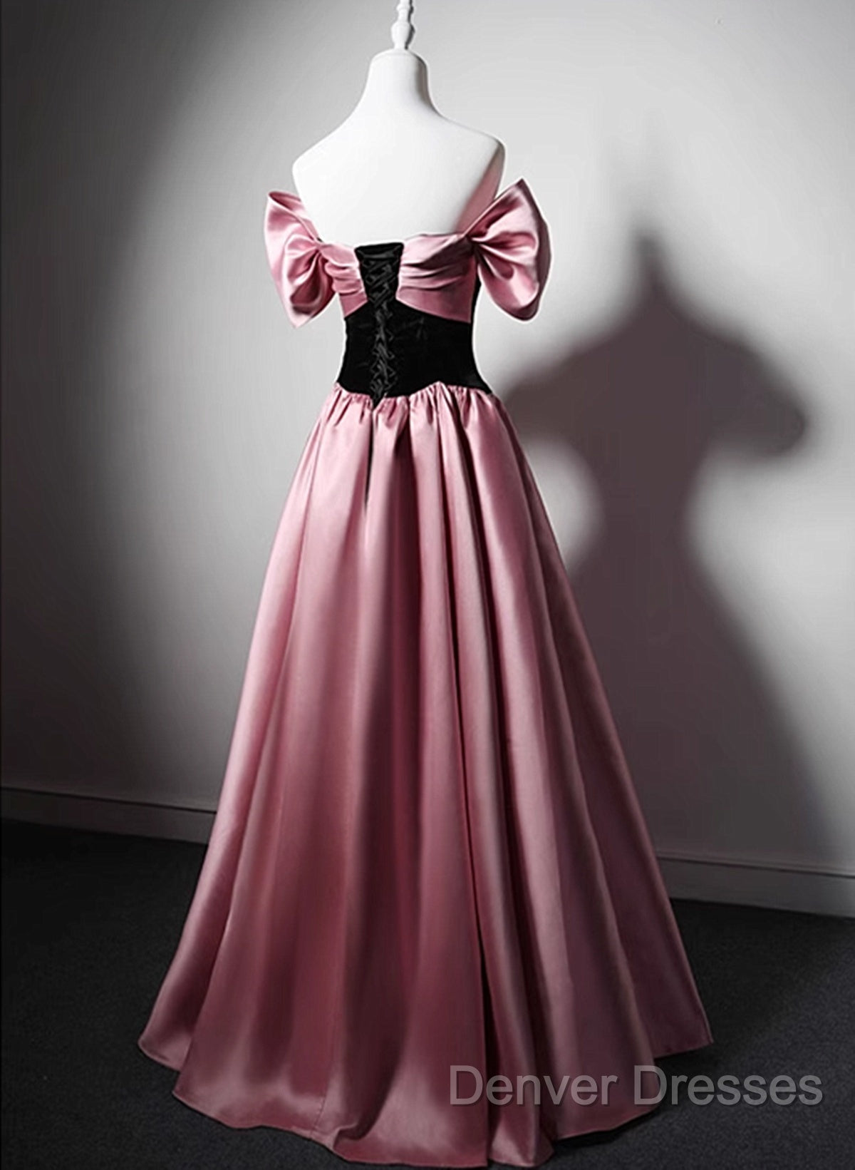 Off Shoulder Satin Scoop A-Line Long Party Dress, Pink And Black Prom Dress Evening Dress