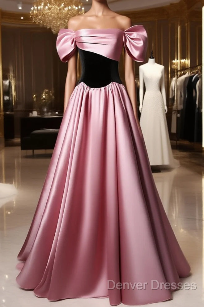 Off Shoulder Satin Scoop A-Line Long Party Dress, Pink And Black Prom Dress Evening Dress Main image