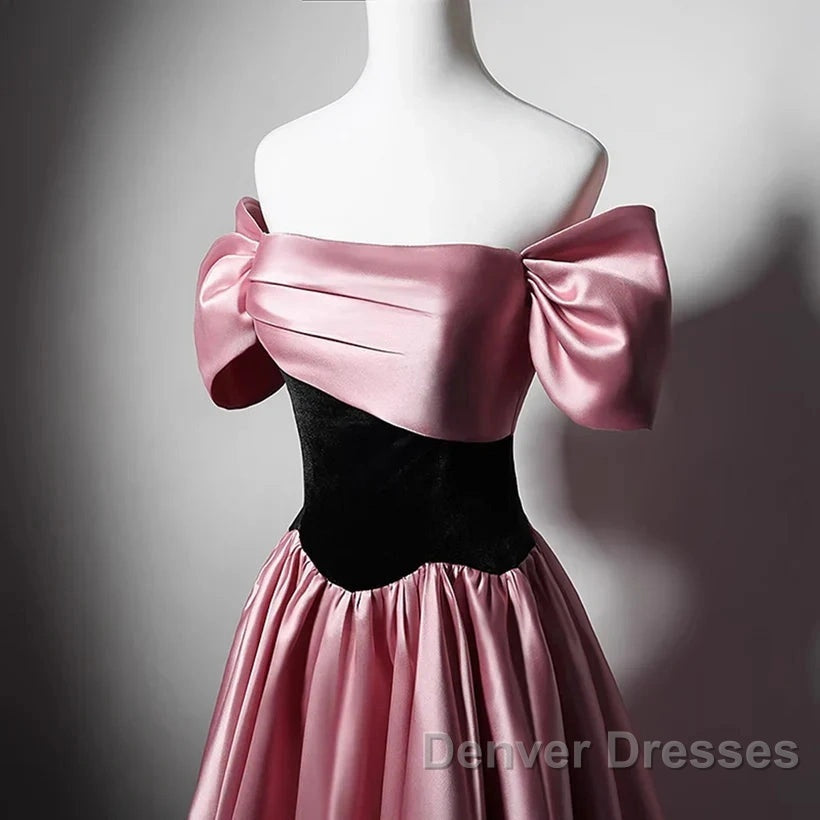 Off Shoulder Satin Scoop A-Line Long Party Dress Prom Dress Evening Dress