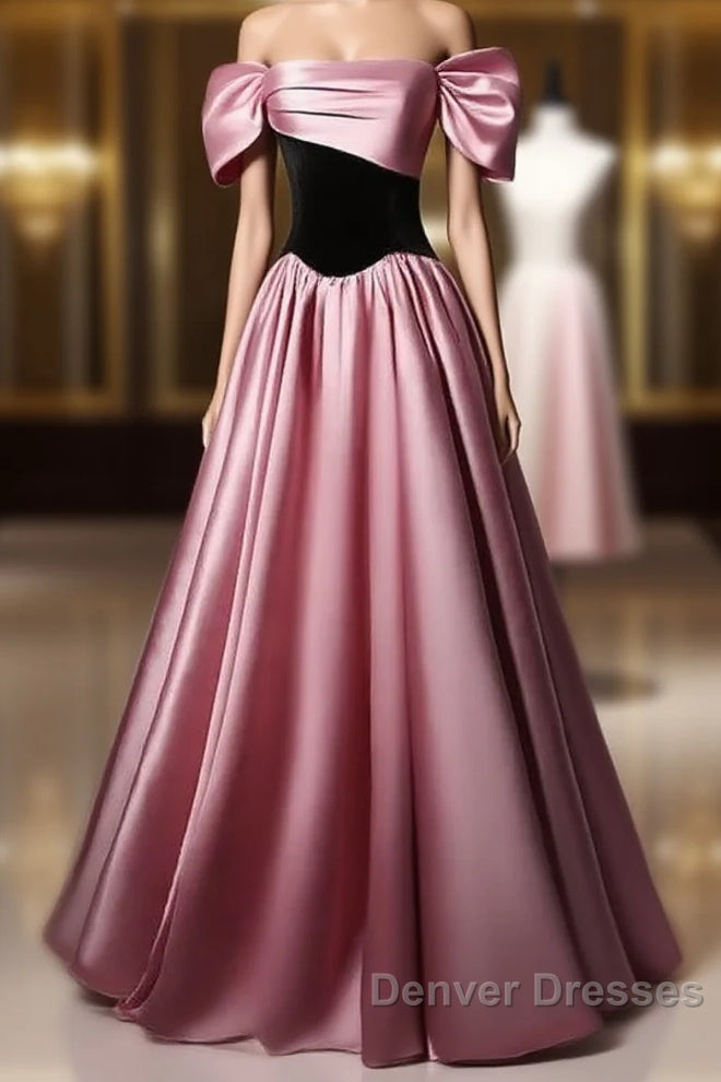 Off Shoulder Satin Scoop A-Line Long Party Dress Prom Dress Evening Dress Main image
