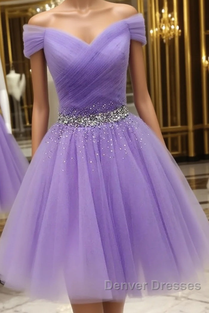 Off Shoulder Sequins Lilac Short Prom Dress Homecoming Dress, Off Shoulder Lilac Lavender Formal Graduation Evening Dress Main image