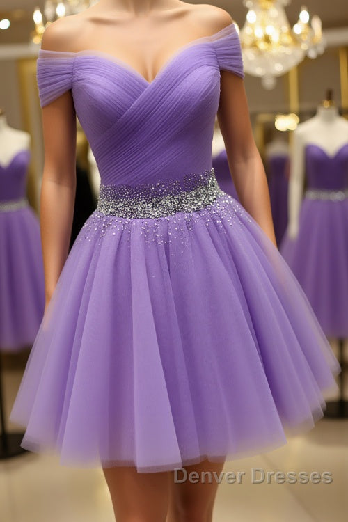 Off Shoulder Sequins Purple Short Prom Dress, Off the Shoulder Purple Homecoming Dress, Short Purple Formal Evening Dress Main image