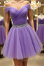 Off Shoulder Sequins Purple Short Prom Dress, Off the Shoulder Purple Homecoming Dress, Short Purple Formal Evening Dress
