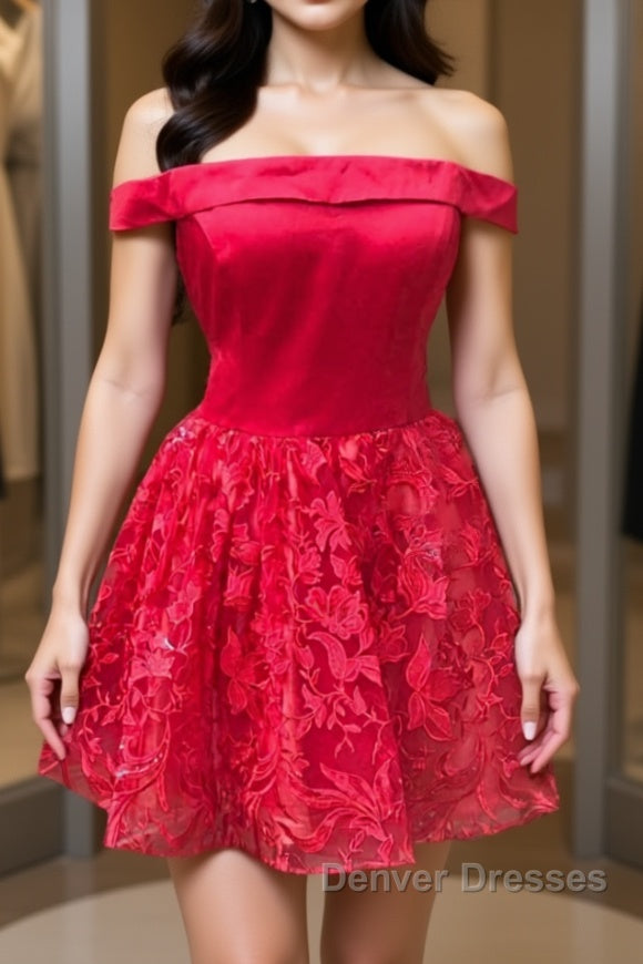 Off Shoulder Short Red Lace Prom Dress, Off Shoulder Red Lace Formal Graduation Dress, Red Lace Homecoming Dress Main image