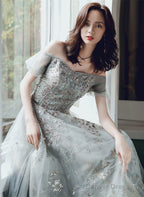 Off Shoulder Sweetheart A-Line Green Long Formal Dress, Tulle With Lace Prom Dress