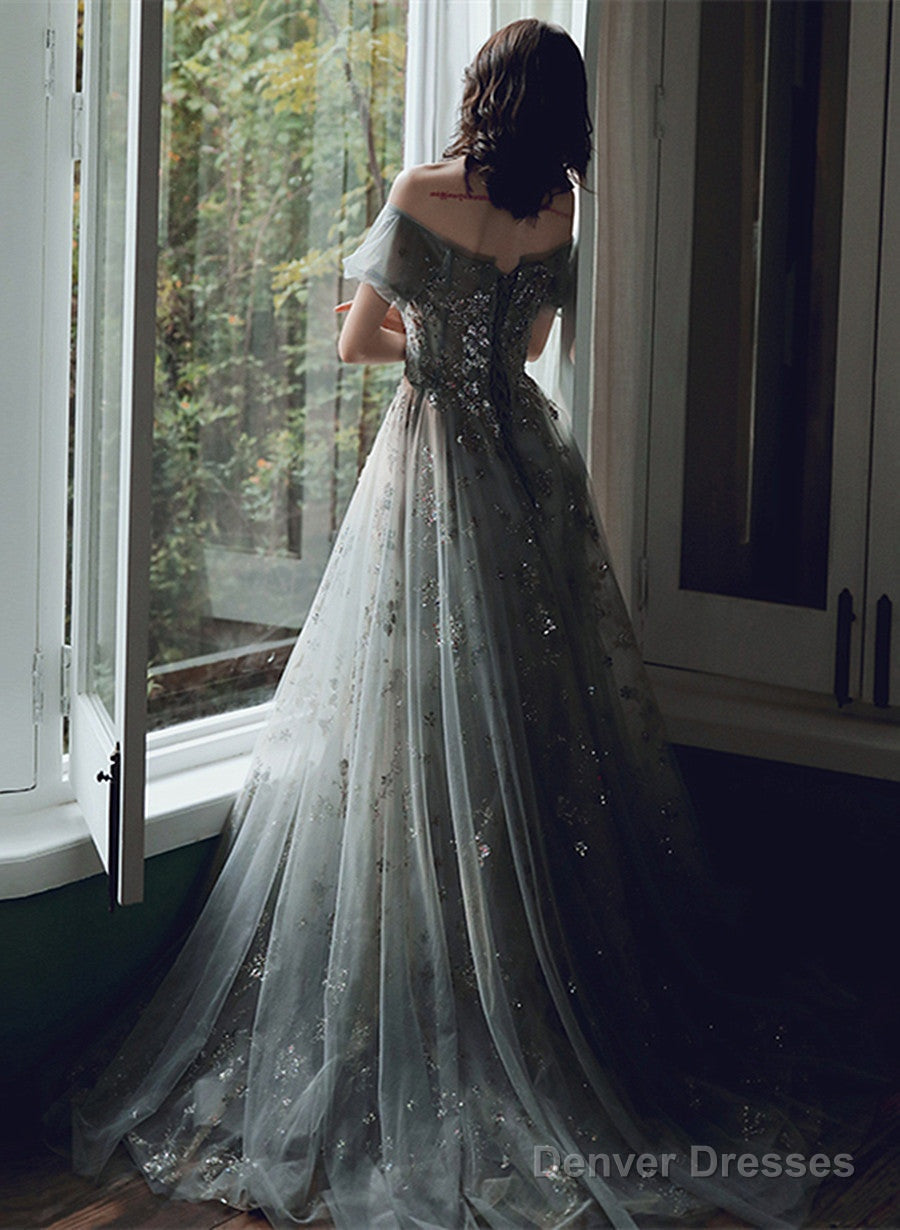 Off Shoulder Sweetheart A-Line Green Long Formal Dress, Tulle With Lace Prom Dress