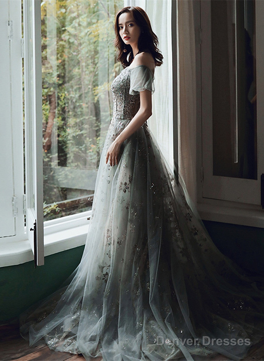 Off Shoulder Sweetheart A-Line Green Long Formal Dress, Tulle With Lace Prom Dress Main image