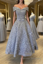 Off Shoulder Tea Length Gray Lace Prom Dress, Off the Shoulder Gray Homecoming Dress, Gray Lace Formal Evening Dress