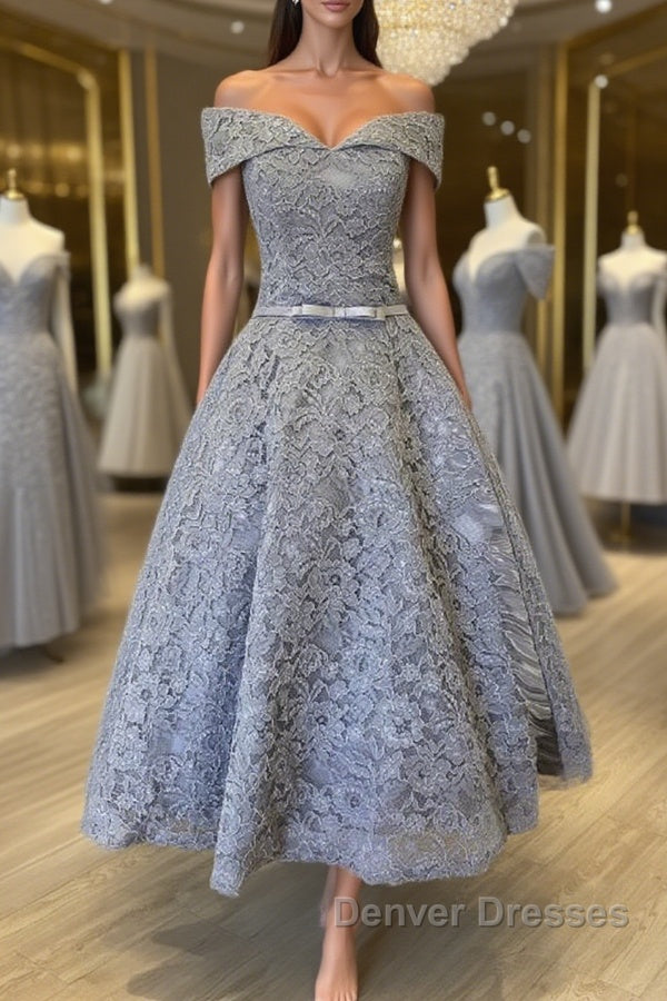 Off Shoulder Tea Length Gray Lace Prom Dress, Off the Shoulder Gray Homecoming Dress, Gray Lace Formal Evening Dress