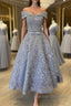Off Shoulder Tea Length Gray Lace Prom Dress, Off the Shoulder Gray Homecoming Dress, Gray Lace Formal Evening Dress