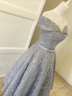 Off Shoulder Tea Length Gray Lace Prom Dress, Off the Shoulder Gray Homecoming Dress, Gray Lace Formal Evening Dress