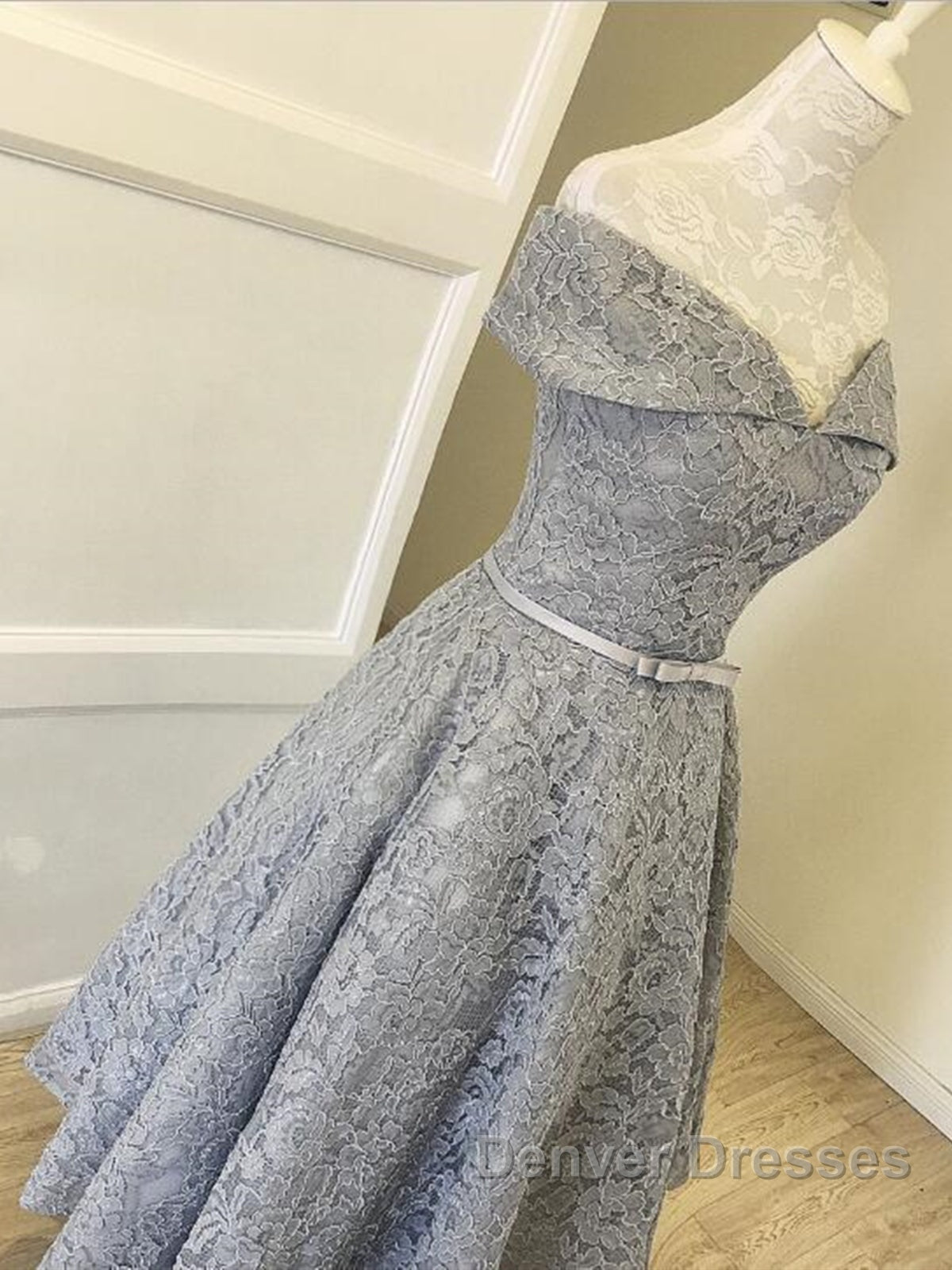 Off Shoulder Tea Length Gray Lace Prom Dress, Off the Shoulder Gray Homecoming Dress, Gray Lace Formal Evening Dress