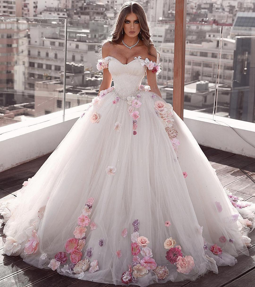 Off Shoulder Tulle Ball Gown Wedding Dress Floral Flowers Beaded Secondary image