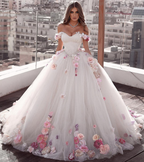 Off Shoulder Tulle Ball Gown Wedding Dress Floral Flowers Beaded