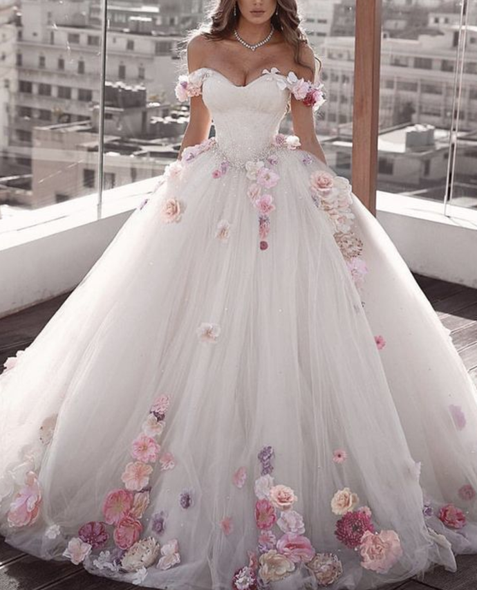 Off Shoulder Tulle Ball Gown Wedding Dress Floral Flowers Beaded Main image