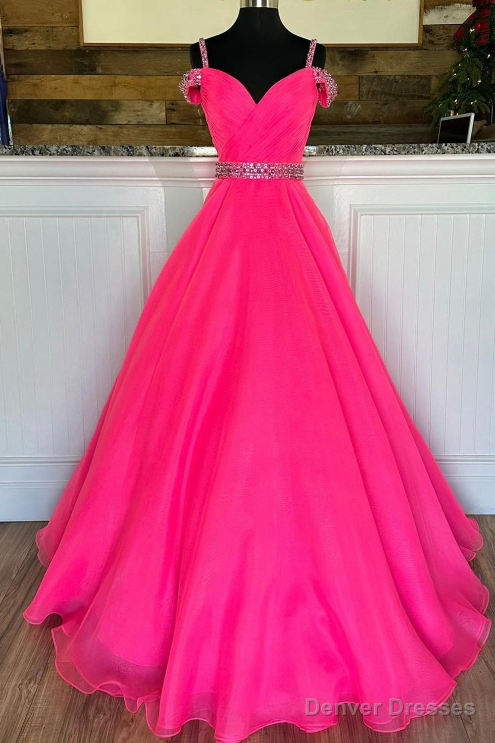 Off Shoulder Tulle Beaded Long Formal Dress, Hot Pink Evening Party Dress Main image