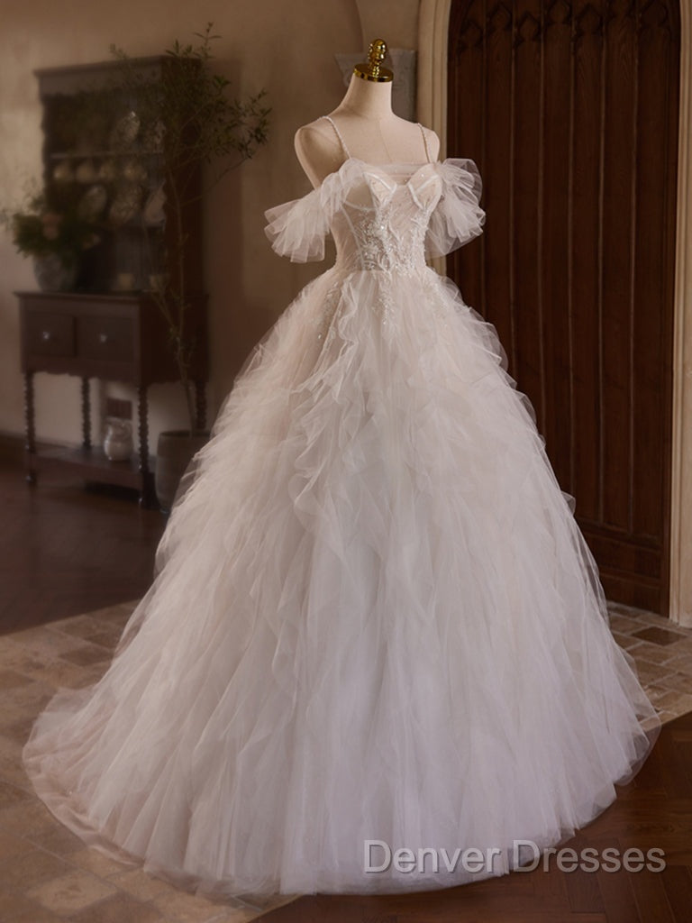 Off Shoulder Tulle Lace Light Champagne Long Prom Dress, Light Champagne Sweet 16 Dress Secondary image