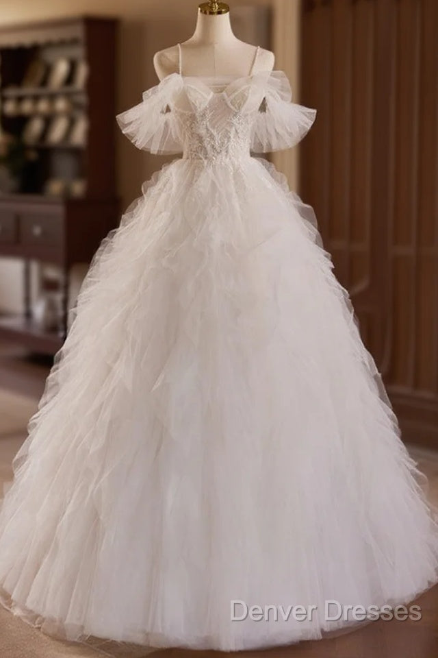 Off Shoulder Tulle Lace Light Champagne Long Prom Dress, Light Champagne Sweet 16 Dress Main image