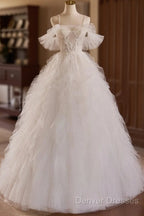 Off Shoulder Tulle Lace Light Champagne Long Prom Dress, Light Champagne Sweet 16 Dress