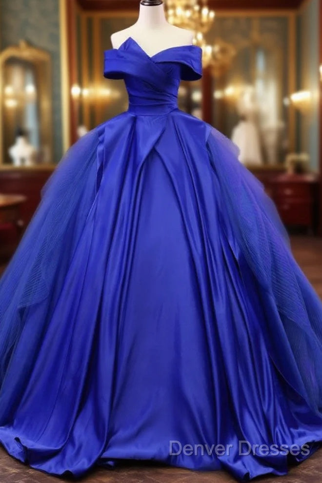 Off Shoulder Tulle Satin Blue Long Prom Gown, Blue Long Evening Dress Main image