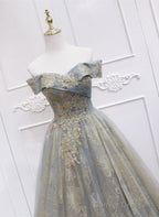 Off Shoulder Tulle With Lace A-Line Junior Prom Dress, Chic Long Party Dress