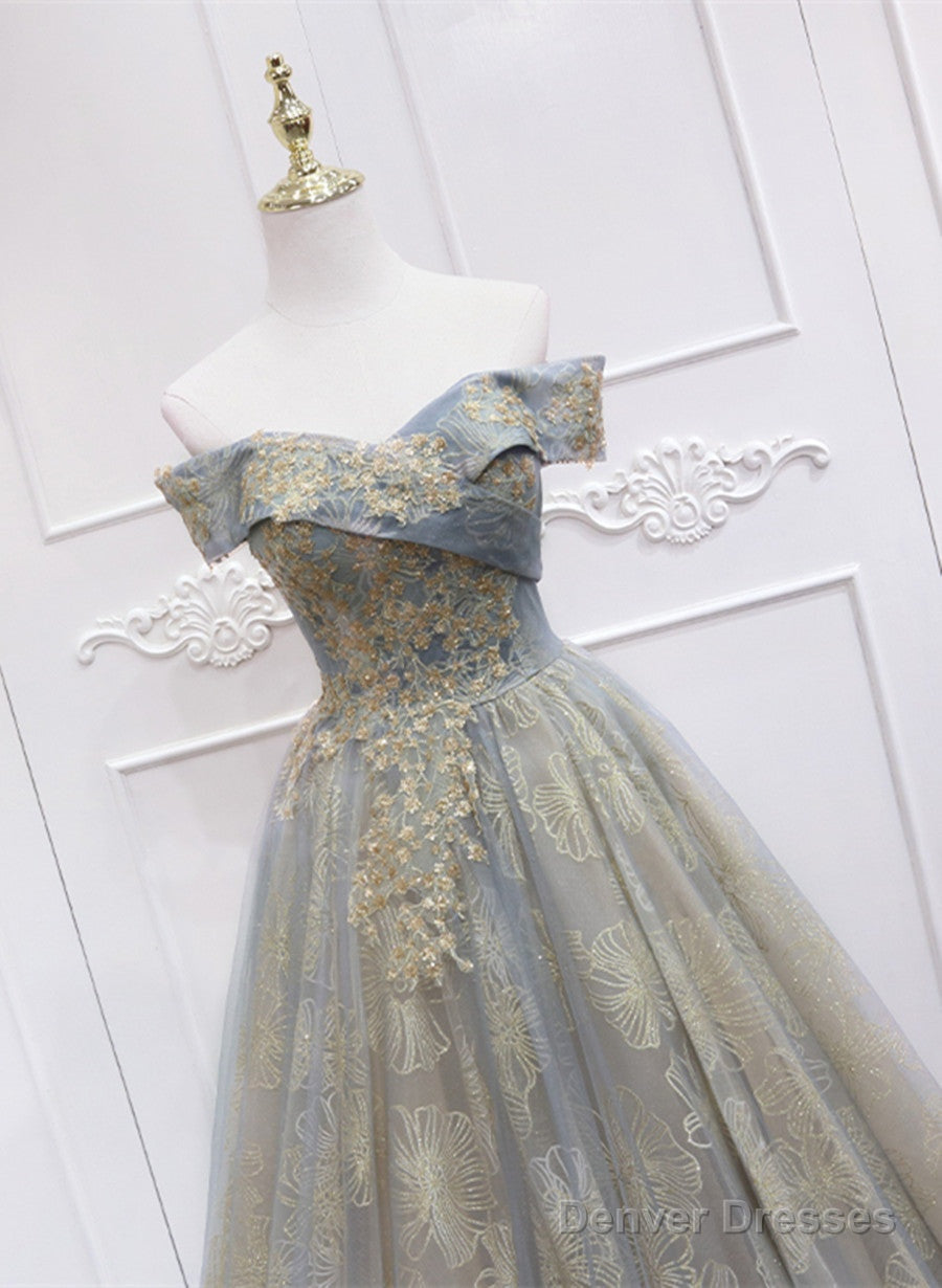 Off Shoulder Tulle With Lace A-Line Junior Prom Dress, Chic Long Party Dress