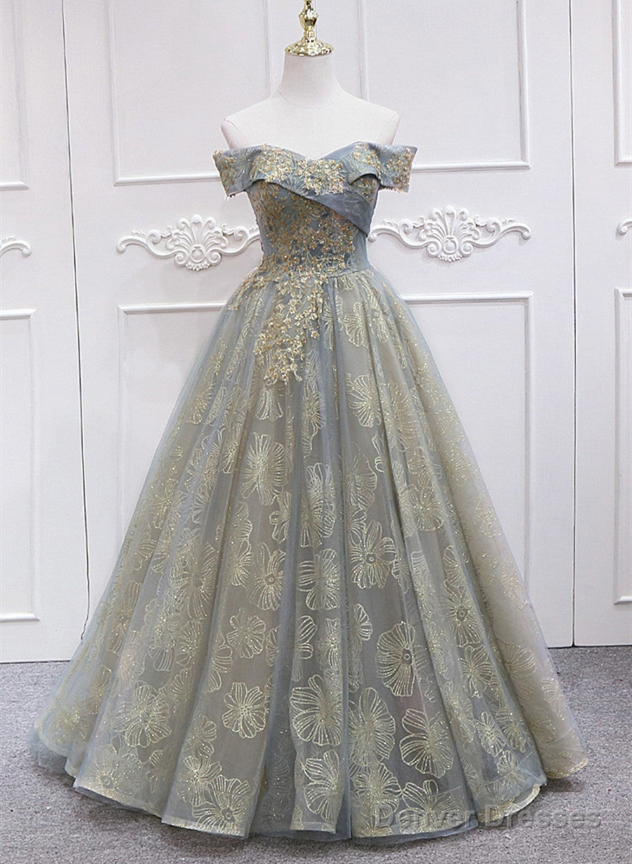 Off Shoulder Tulle With Lace A-Line Junior Prom Dress, Chic Long Party Dress