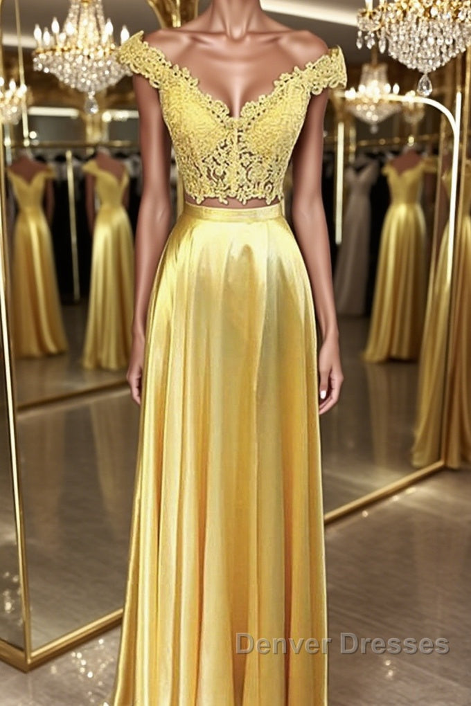 Off Shoulder Two Pieces Lace Yellow Long Prom Dress, Off the Shoulder Yellow Lace Formal Dress, Two Pieces Yellow Lace Evening Dress