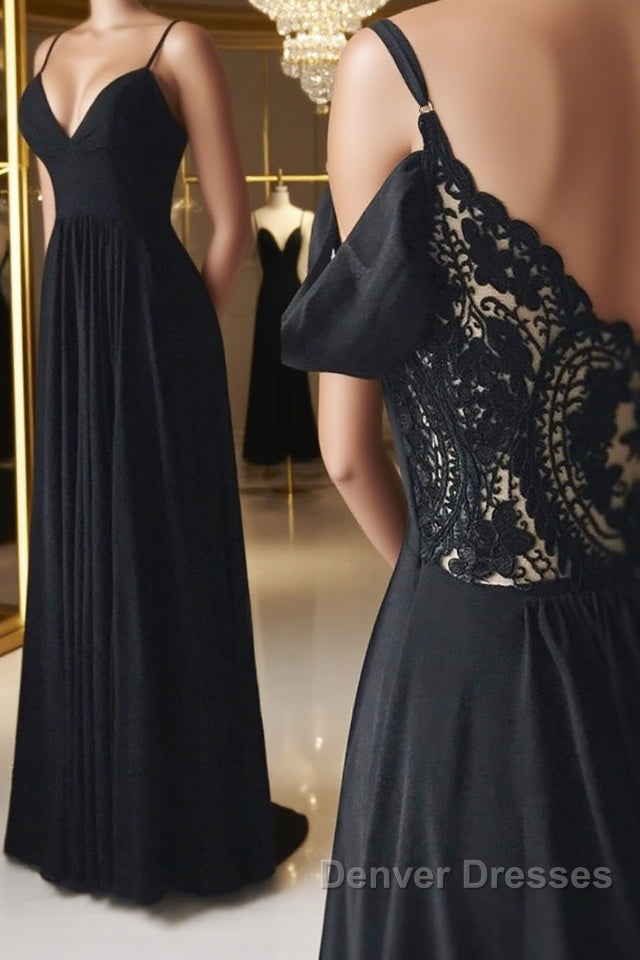 Off Shoulder V Neck Black Long Prom Dress with Lace Back, Off the Shoulder Black Formal Dress, Black Lace Evening Dress Main image