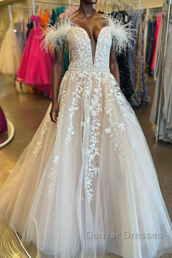 Off Shoulder V Neck Champagne Lace Long Prom Dress with Belt, Champagne Lace Formal Dress, Champagne Evening Dress Main image