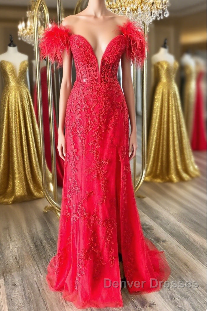 Off Shoulder V Neck Mermaid Red Lace Long Prom Dress with High Slit, Mermaid Red Formal Dress, Red Lace Evening Dress Main image