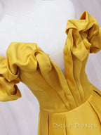 Off Shoulder V Neck Yellow Satin Long Prom Dress, Off The Shoulder Yellow Formal Dress, Yellow Evening Dress