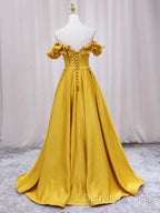 Off Shoulder V Neck Yellow Satin Long Prom Dress, Off The Shoulder Yellow Formal Dress, Yellow Evening Dress