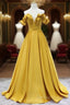 Off Shoulder V Neck Yellow Satin Long Prom Dress, Off The Shoulder Yellow Formal Dress, Yellow Evening Dress