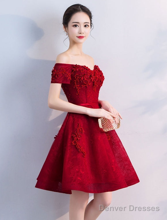 Off Shoulder Wine Red Short Beaded Homecoming Dress, Short Prom Dress, Graduation Party Dress Secondary image