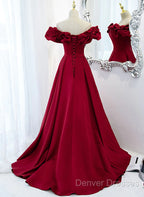 Off Shoulder Wine Red Sweetheart Long Party Dress, Wine Red Prom Dress Evening Dress